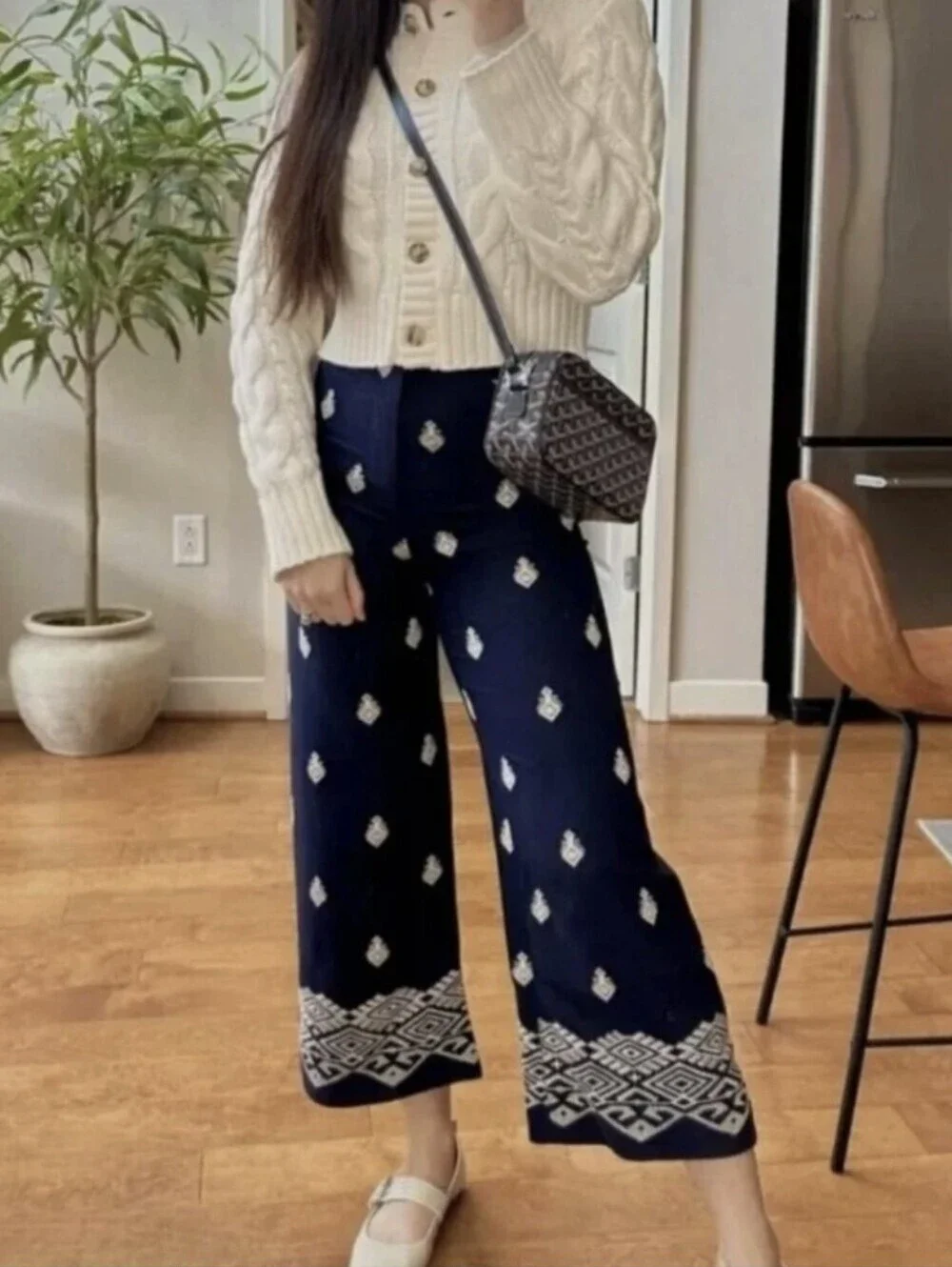 Zara High Waisted Embroidered Culottes Linen Blend Cropped Wide Leg Pants Sz.L
